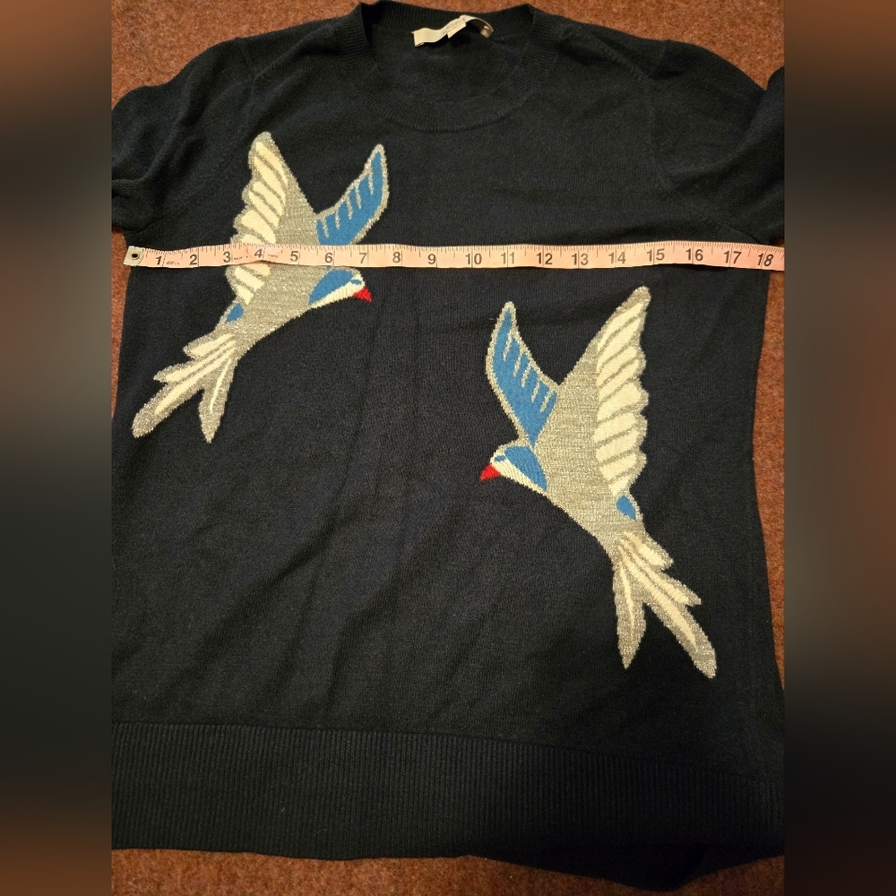Loft Navy Blue Sweater Size Small Metallic Outlined Birds - Picture 7 of 9